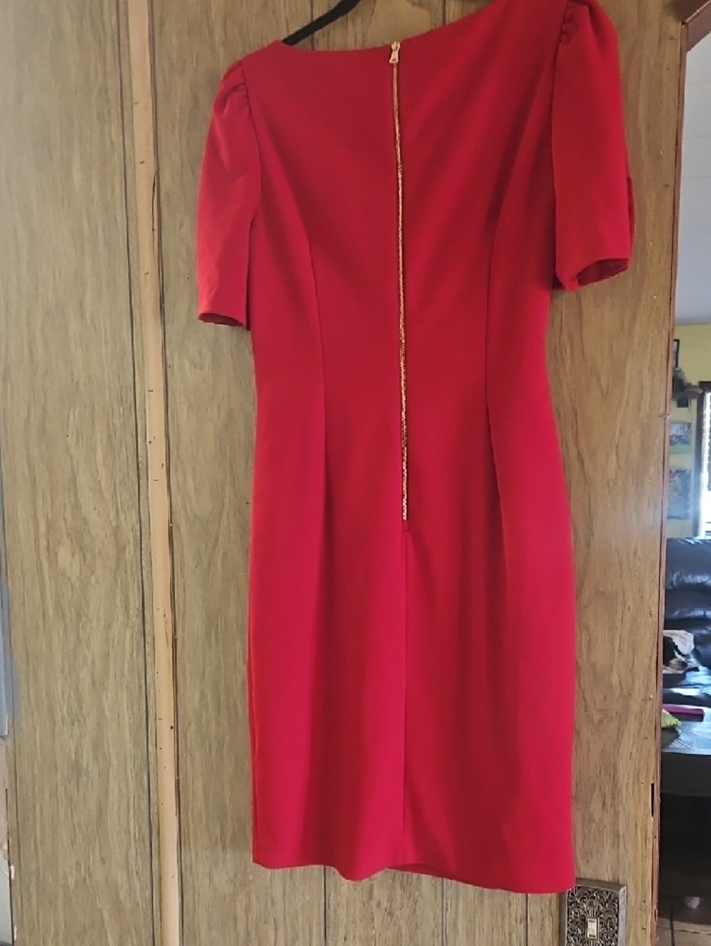 DKNY Red Ruched Sheath Dress with Gold Button Sleeves - Picture 6 of 7